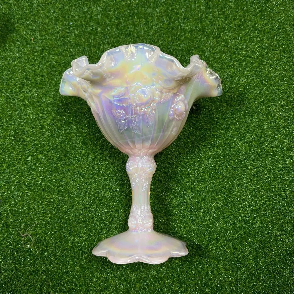 Vtg Fenton Pink Iridescent Opalescent Cabbage Rose Ruffled Pedestal Compote USA